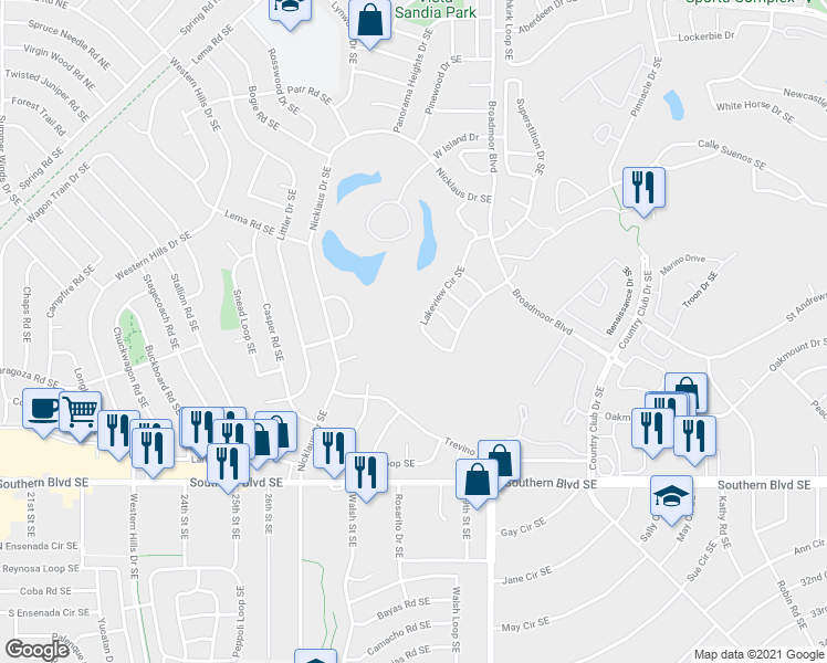 map of restaurants, bars, coffee shops, grocery stores, and more near 646 Lakeview Circle Southeast in Rio Rancho