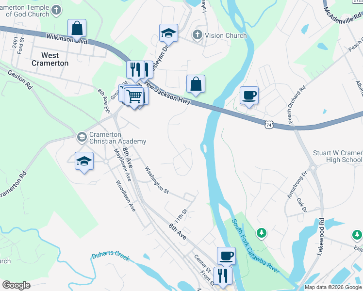 map of restaurants, bars, coffee shops, grocery stores, and more near 1051 Cramerton Village Drive in Cramerton