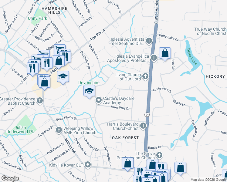 map of restaurants, bars, coffee shops, grocery stores, and more near 8058 Linda Lake Drive in Charlotte