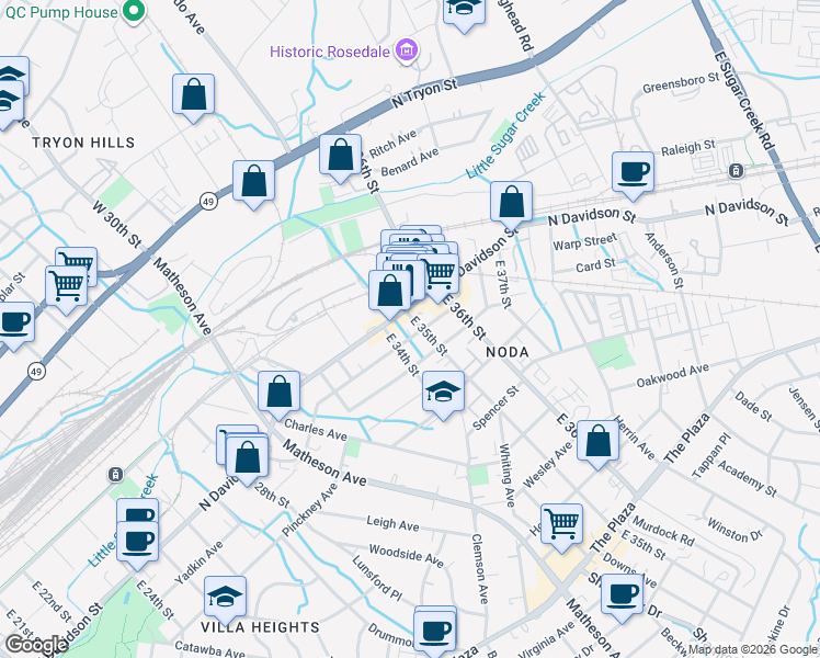 map of restaurants, bars, coffee shops, grocery stores, and more near in Charlotte