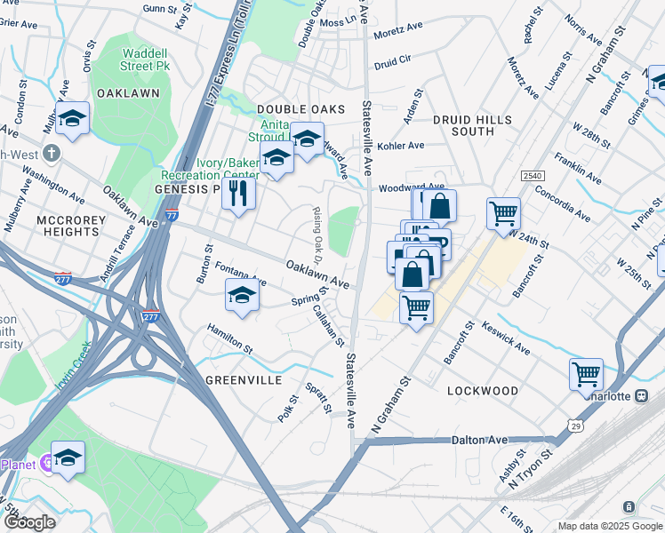 map of restaurants, bars, coffee shops, grocery stores, and more near 1130 Rising Oak Drive in Charlotte