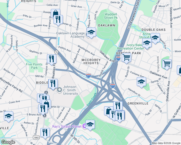 map of restaurants, bars, coffee shops, grocery stores, and more near 1633 Madison Avenue in Charlotte