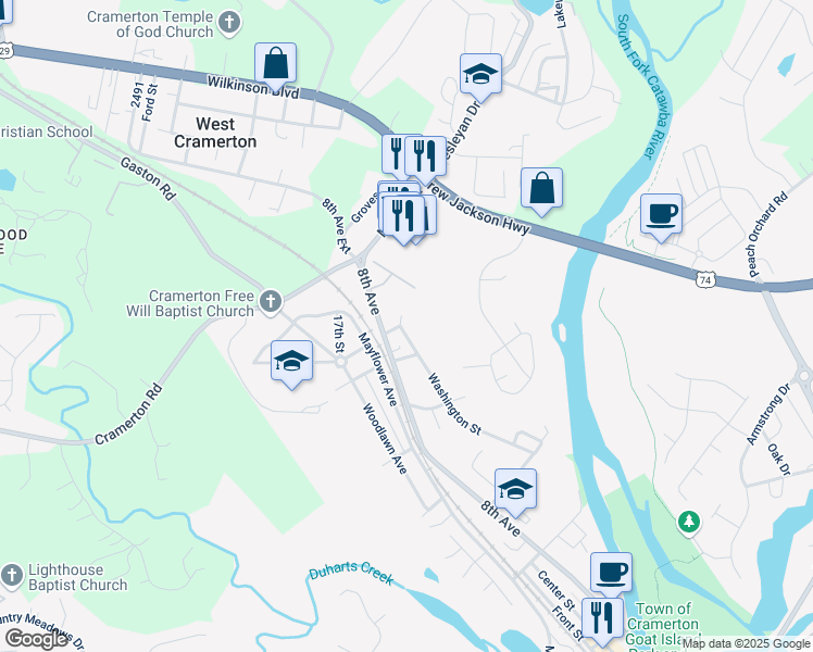 map of restaurants, bars, coffee shops, grocery stores, and more near 287 8th Avenue in Cramerton