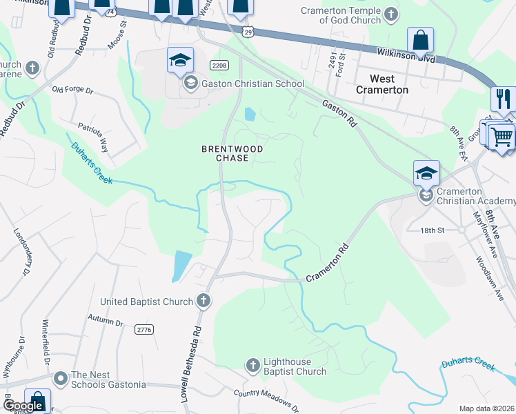 map of restaurants, bars, coffee shops, grocery stores, and more near 4612 Lenden Hall Court in Gastonia