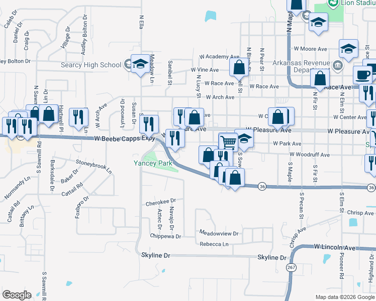 map of restaurants, bars, coffee shops, grocery stores, and more near 1505 West Park Avenue in Searcy