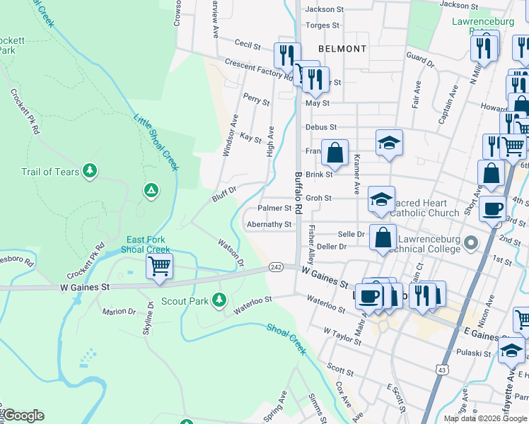 map of restaurants, bars, coffee shops, grocery stores, and more near 425 Palmer Street in Lawrenceburg