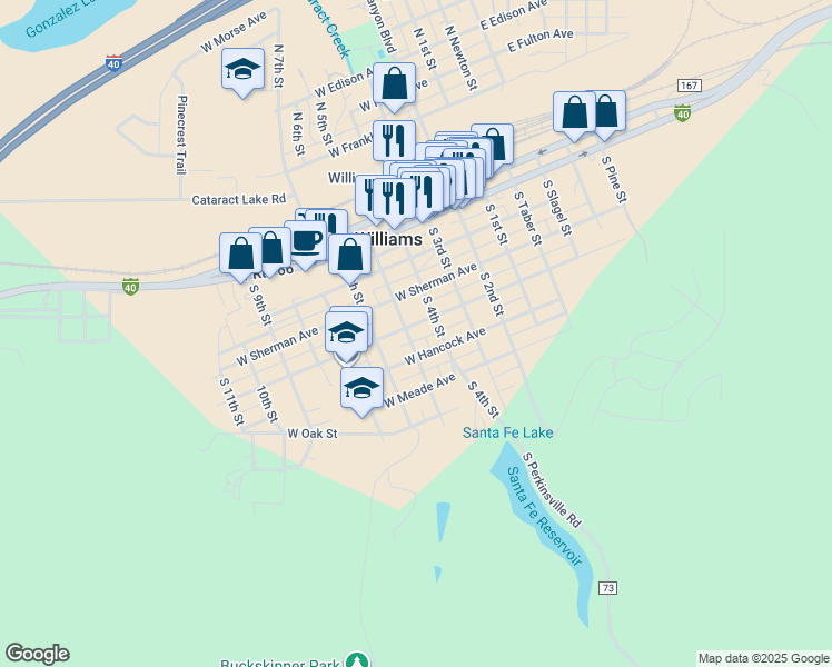 map of restaurants, bars, coffee shops, grocery stores, and more near 326 South 4th Street in Williams