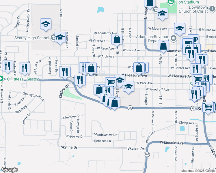 map of restaurants, bars, coffee shops, grocery stores, and more near 208 South College Street in Searcy