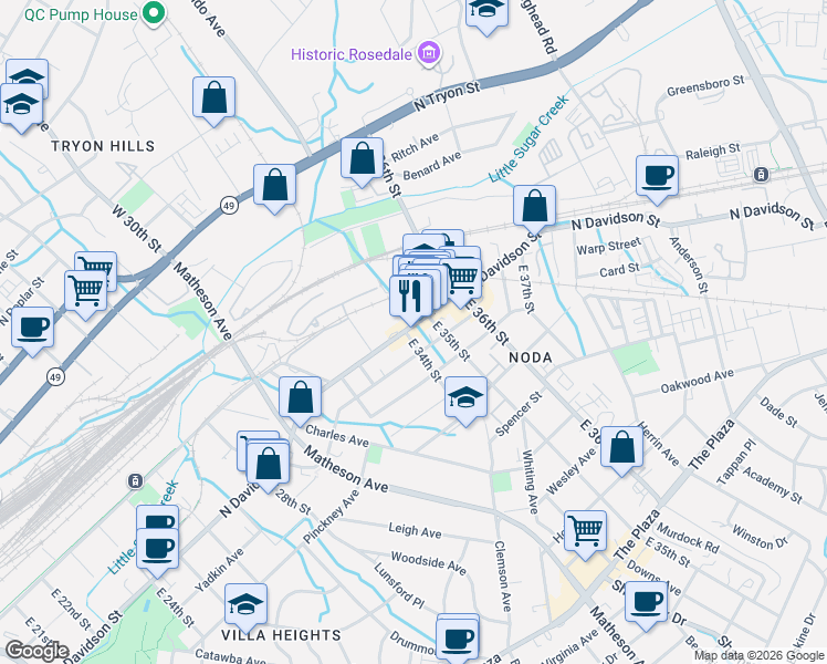 map of restaurants, bars, coffee shops, grocery stores, and more near in Charlotte