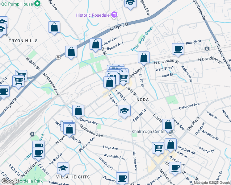 map of restaurants, bars, coffee shops, grocery stores, and more near 514 East 35th Street in Charlotte
