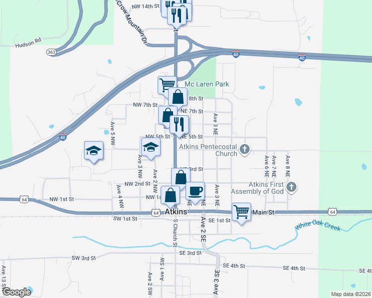 map of restaurants, bars, coffee shops, grocery stores, and more near in Atkins