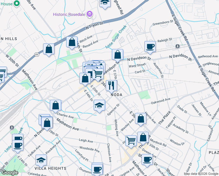 map of restaurants, bars, coffee shops, grocery stores, and more near in Charlotte