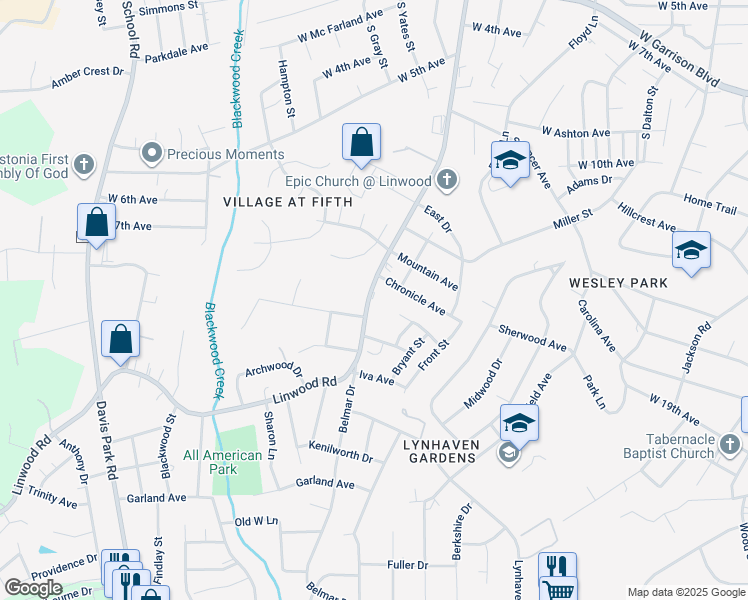 map of restaurants, bars, coffee shops, grocery stores, and more near 1316 Linwood Road in Gastonia