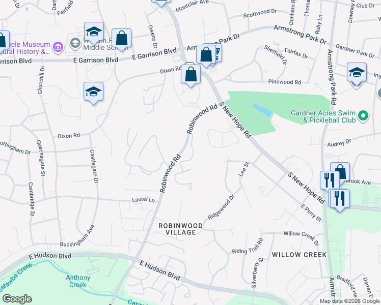 map of restaurants, bars, coffee shops, grocery stores, and more near 1102 Robinwood Road in Gastonia
