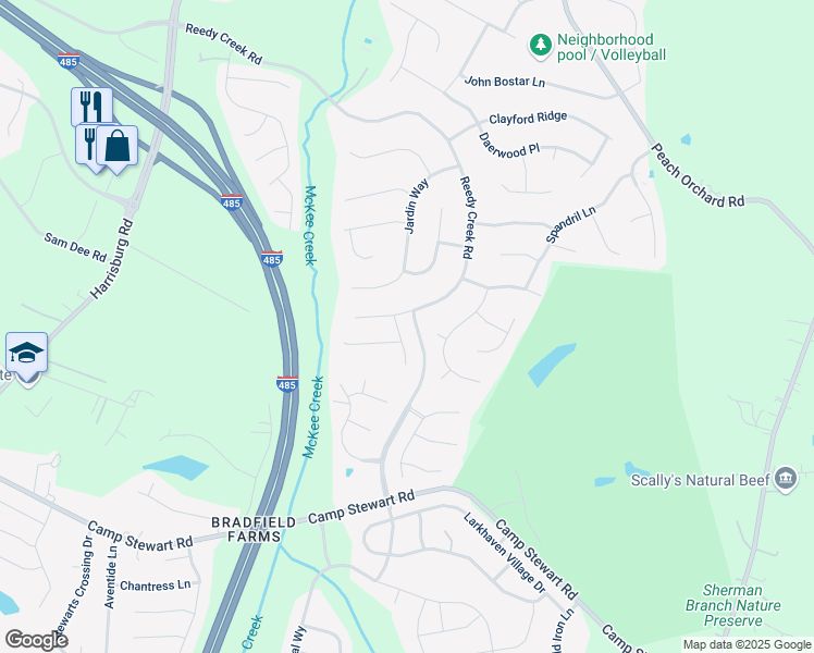 map of restaurants, bars, coffee shops, grocery stores, and more near 6710 Reedy Creek Road in Charlotte