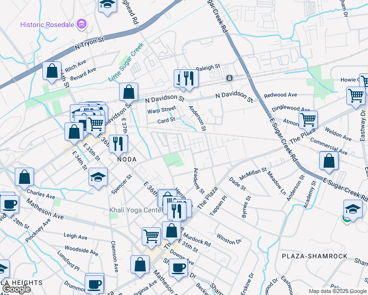 map of restaurants, bars, coffee shops, grocery stores, and more near 3471 Steel Yard Court in Charlotte