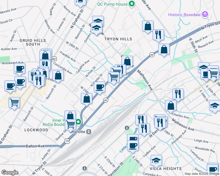 map of restaurants, bars, coffee shops, grocery stores, and more near 122 West 27th Street in Charlotte