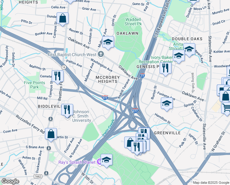 map of restaurants, bars, coffee shops, grocery stores, and more near 1608 Madison Avenue in Charlotte