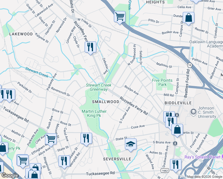 map of restaurants, bars, coffee shops, grocery stores, and more near 2520 Rozzelles Ferry Road in Charlotte