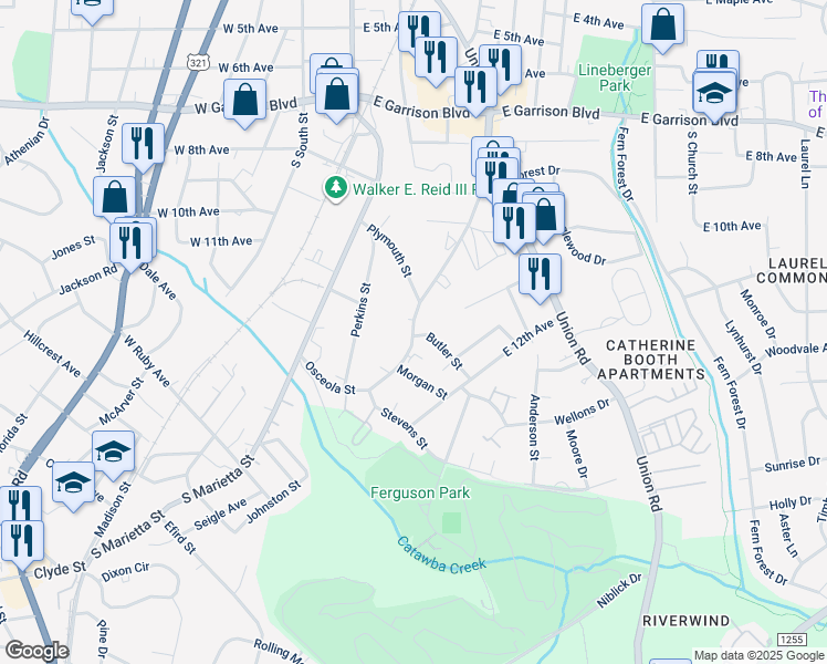 map of restaurants, bars, coffee shops, grocery stores, and more near 430 Osceola Street in Gastonia