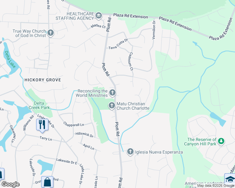 map of restaurants, bars, coffee shops, grocery stores, and more near 5005 Forest Acres Lane in Charlotte