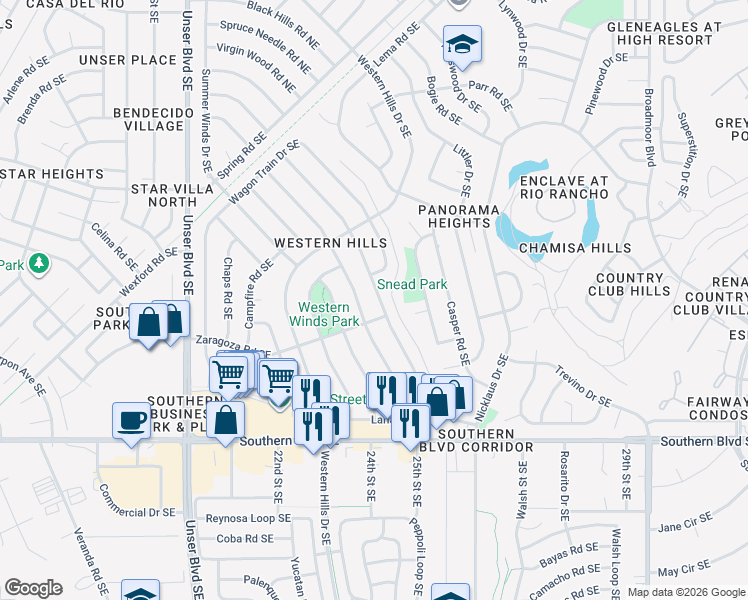 map of restaurants, bars, coffee shops, grocery stores, and more near 641 Stallion Road Southeast in Rio Rancho
