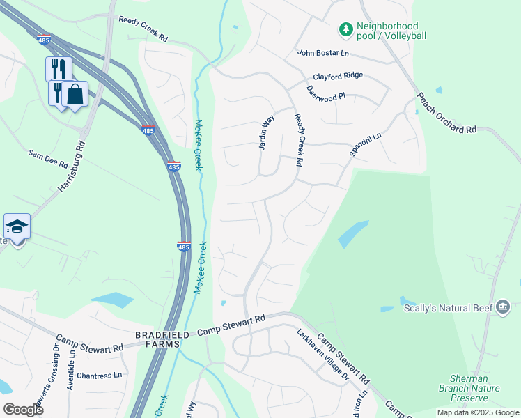 map of restaurants, bars, coffee shops, grocery stores, and more near 6710 Reedy Creek Road in Charlotte