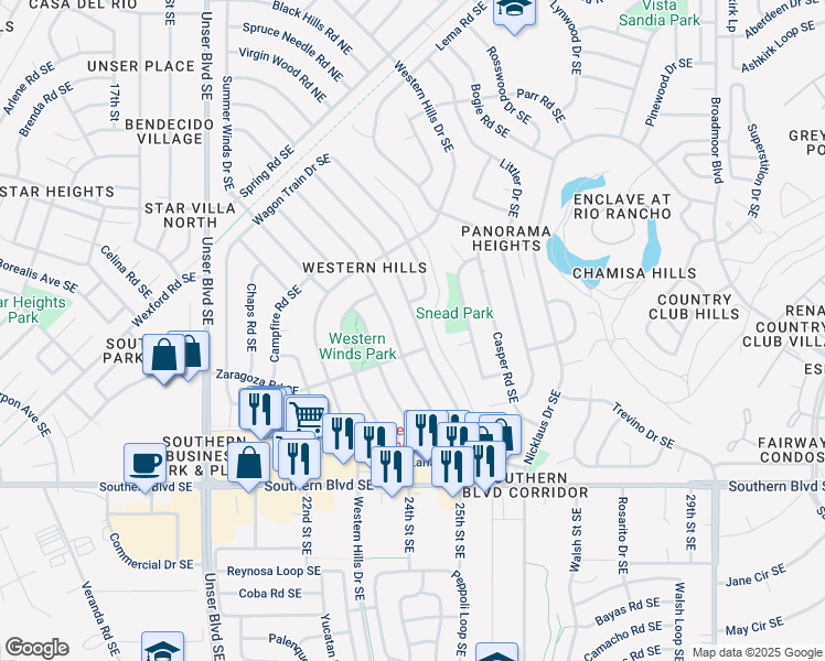 map of restaurants, bars, coffee shops, grocery stores, and more near 661 Stallion Road Southeast in Rio Rancho