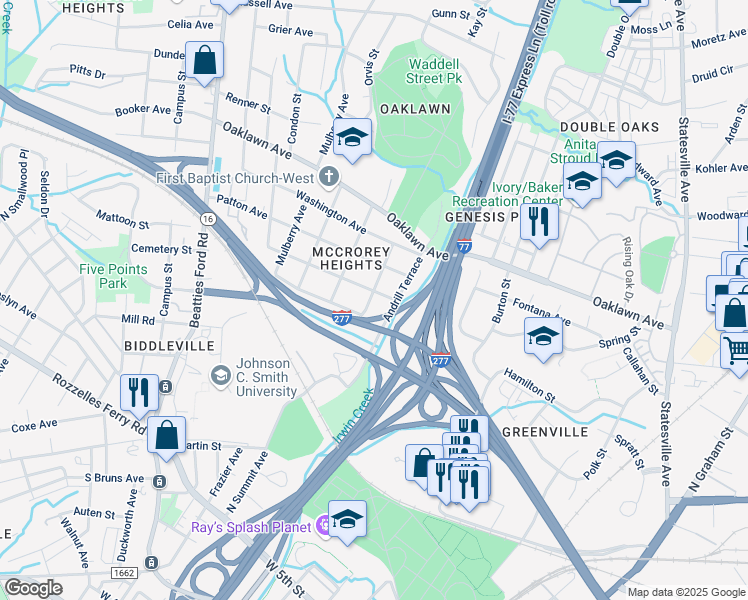 map of restaurants, bars, coffee shops, grocery stores, and more near 1608 Madison Avenue in Charlotte