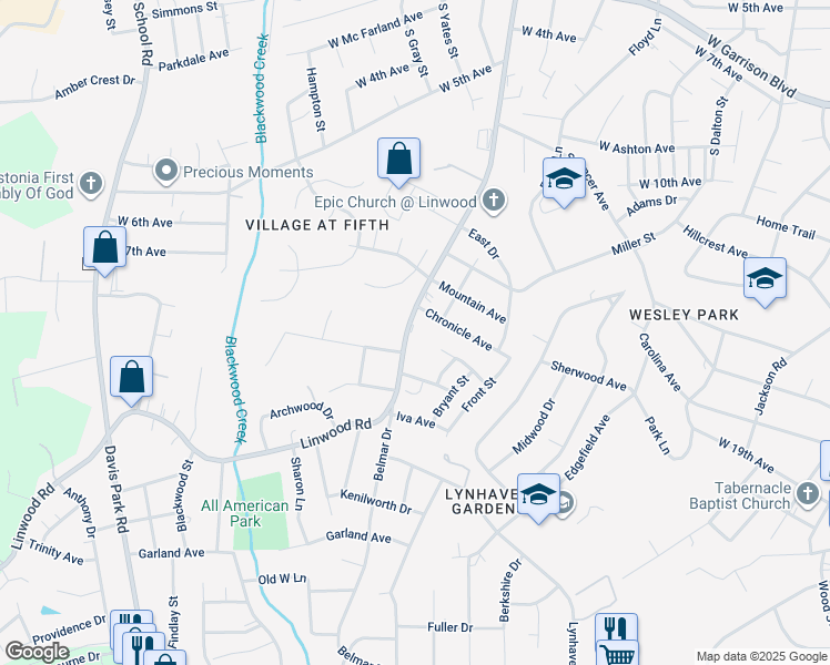 map of restaurants, bars, coffee shops, grocery stores, and more near 1306 Linwood Road in Gastonia