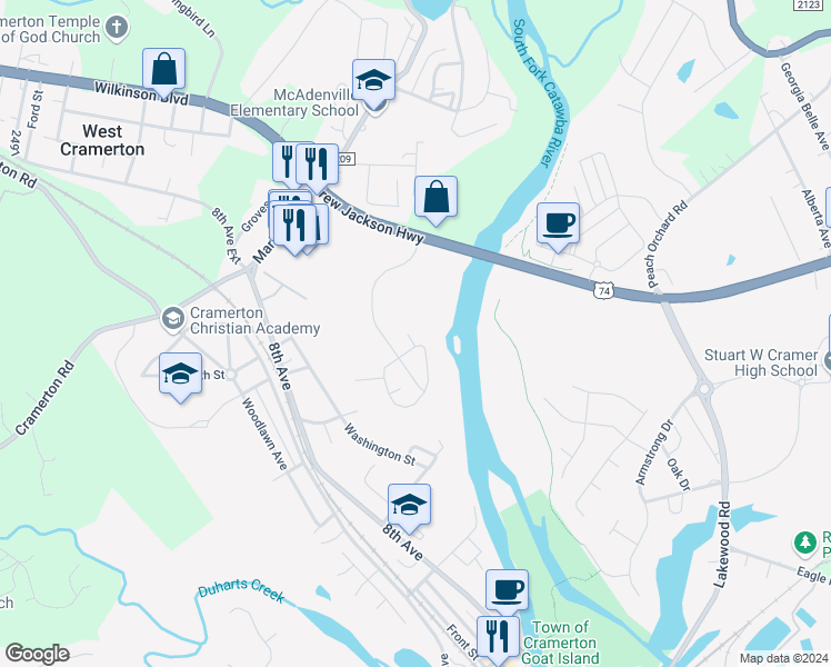 map of restaurants, bars, coffee shops, grocery stores, and more near 4000 Waterside Lane in Cramerton