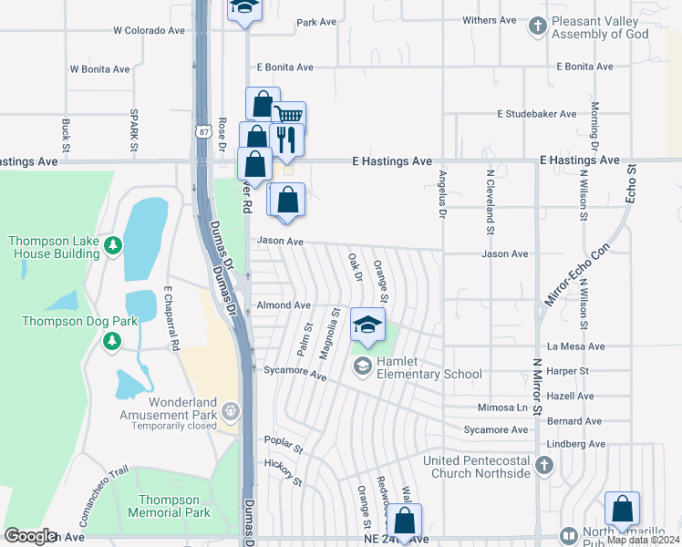 map of restaurants, bars, coffee shops, grocery stores, and more near 3112 Magnolia Street in Amarillo