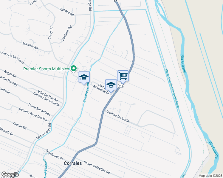 map of restaurants, bars, coffee shops, grocery stores, and more near 6301 Corrales Road in Corrales