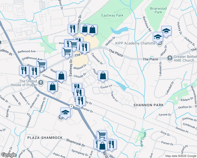 map of restaurants, bars, coffee shops, grocery stores, and more near 9550 Community Circle in Charlotte