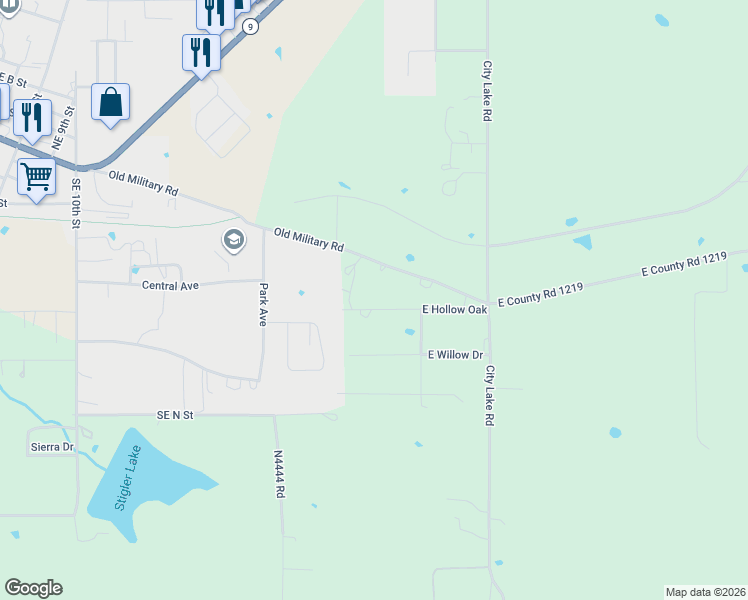 map of restaurants, bars, coffee shops, grocery stores, and more near 1710 Old Military Road in Stigler