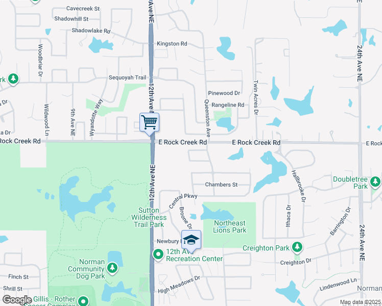 map of restaurants, bars, coffee shops, grocery stores, and more near 1403 Spoonwood Road in Norman
