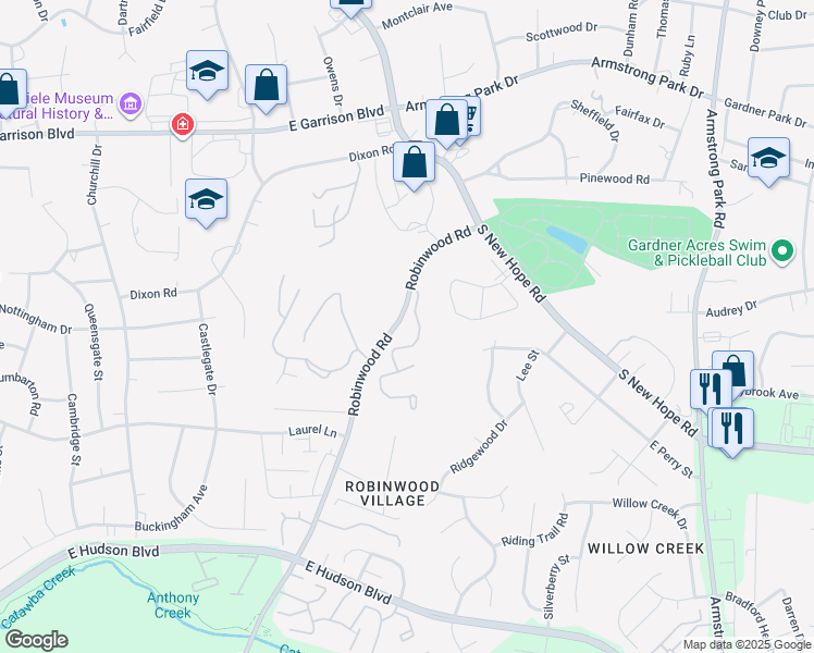map of restaurants, bars, coffee shops, grocery stores, and more near 1102 Robinwood Road in Gastonia