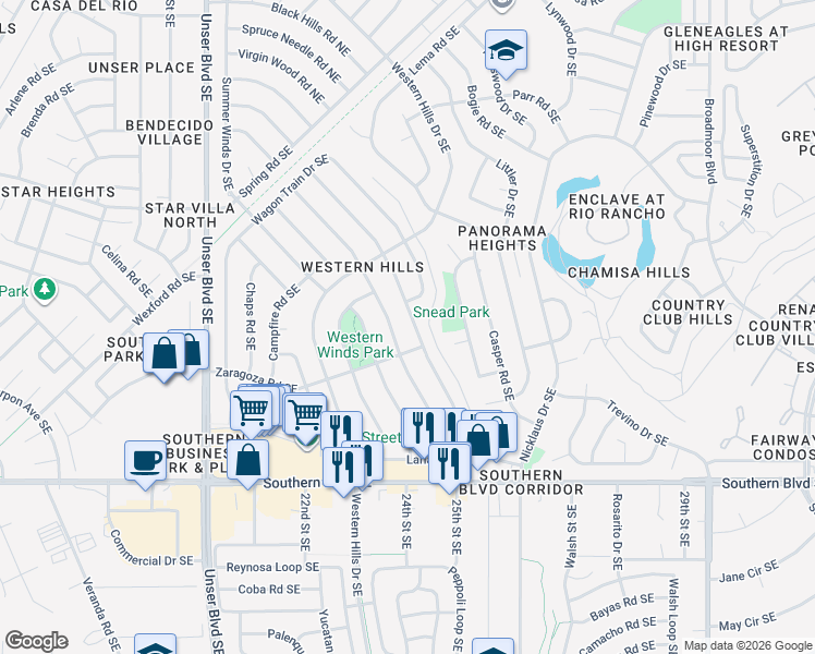 map of restaurants, bars, coffee shops, grocery stores, and more near 657 Stallion Road Southeast in Rio Rancho