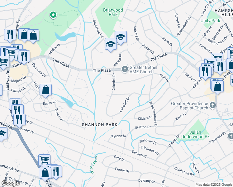 map of restaurants, bars, coffee shops, grocery stores, and more near 1325 Lakedell Drive in Charlotte