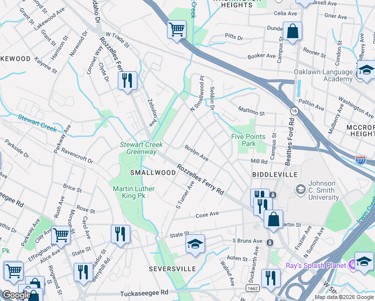 map of restaurants, bars, coffee shops, grocery stores, and more near 140 South Gardner Avenue in Charlotte