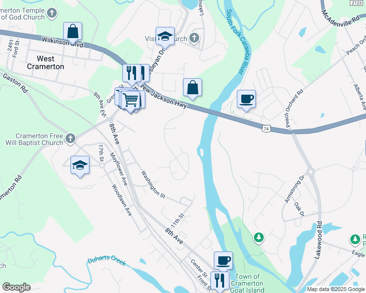 map of restaurants, bars, coffee shops, grocery stores, and more near 1051 Cramerton Village Drive in Cramerton