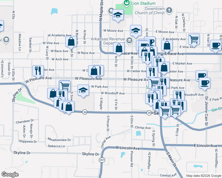 map of restaurants, bars, coffee shops, grocery stores, and more near 607 West Park Avenue in Searcy