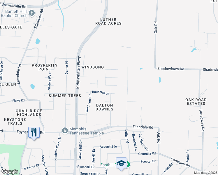 map of restaurants, bars, coffee shops, grocery stores, and more near 4457 Bishops Valley Lane in Memphis