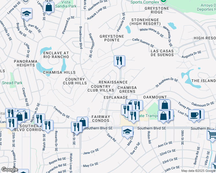 map of restaurants, bars, coffee shops, grocery stores, and more near 3144 Renaissance Drive Southeast in Rio Rancho