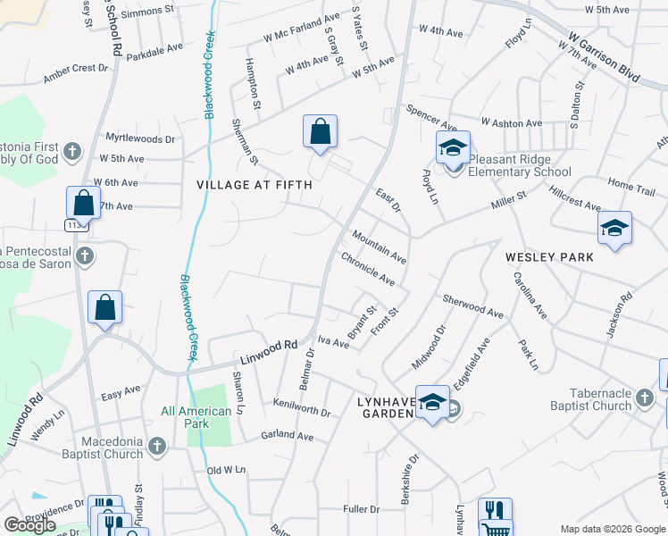 map of restaurants, bars, coffee shops, grocery stores, and more near 1306 Linwood Road in Gastonia