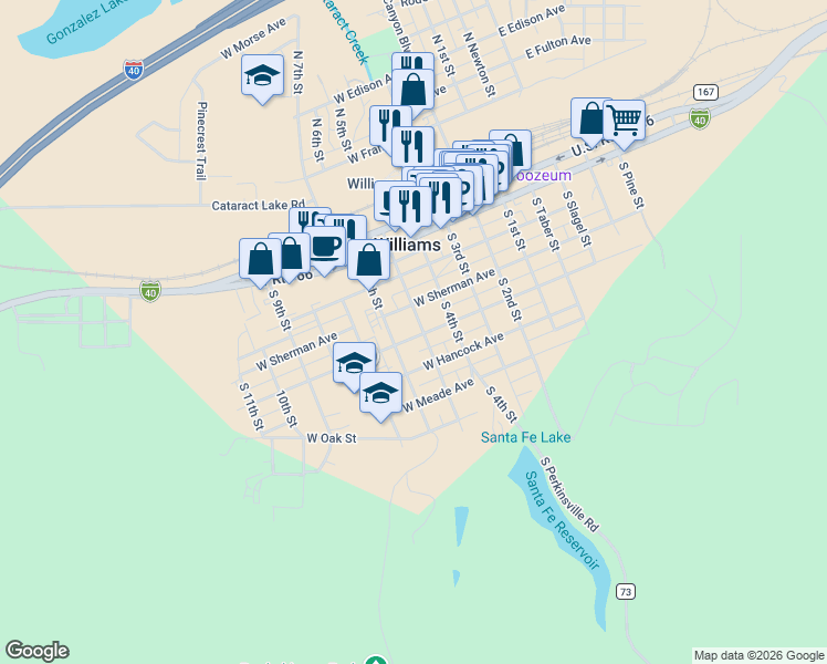 map of restaurants, bars, coffee shops, grocery stores, and more near 308 South 5th Street in Williams