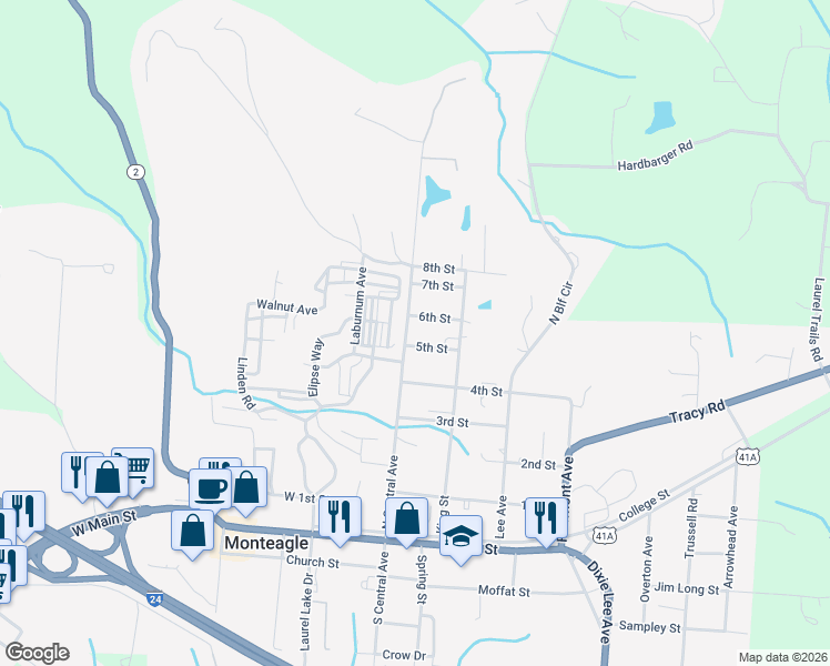 map of restaurants, bars, coffee shops, grocery stores, and more near 14 6th St in Monteagle