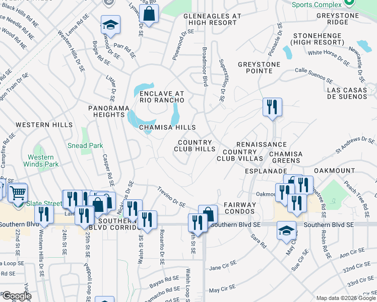 map of restaurants, bars, coffee shops, grocery stores, and more near 2912 Golfers Lane Southeast in Rio Rancho