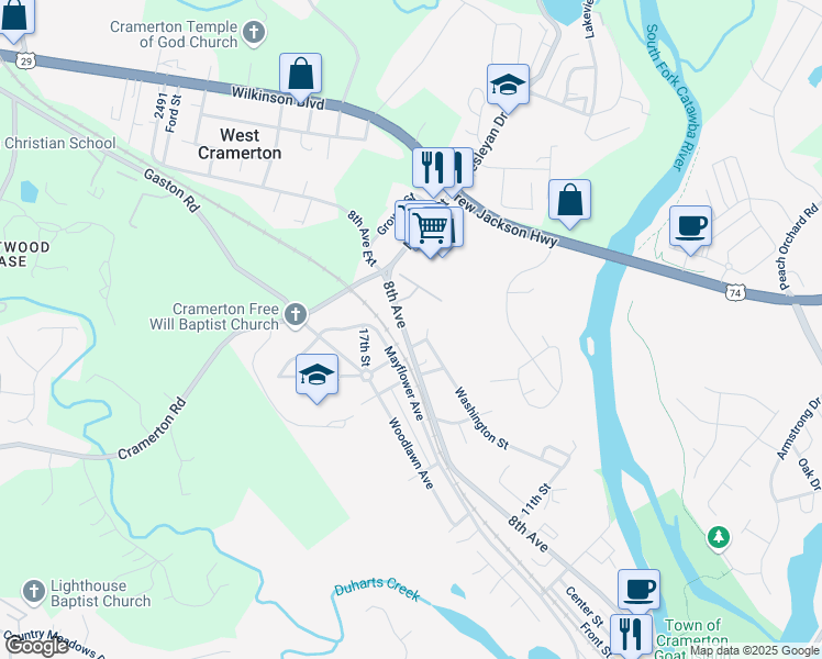 map of restaurants, bars, coffee shops, grocery stores, and more near 287 8th Ave in Cramerton