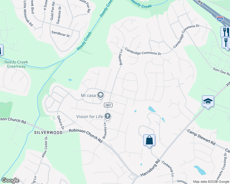 map of restaurants, bars, coffee shops, grocery stores, and more near 10107 Bradstreet Commons Way in Charlotte